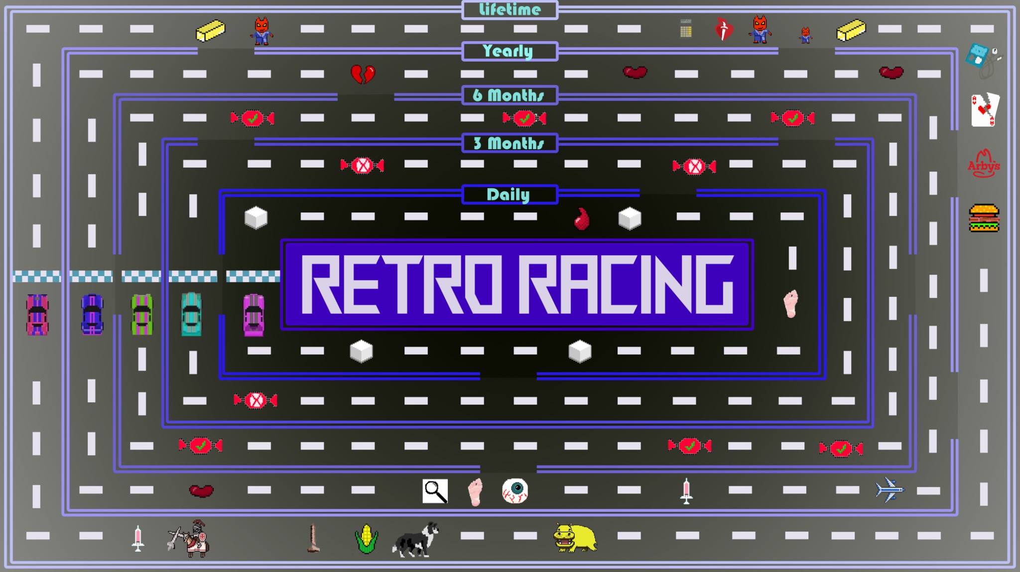 A retro racing game with five concentric tracks labeled Daily, 3 Months, 6 Months, Yearly, and Lifetime.