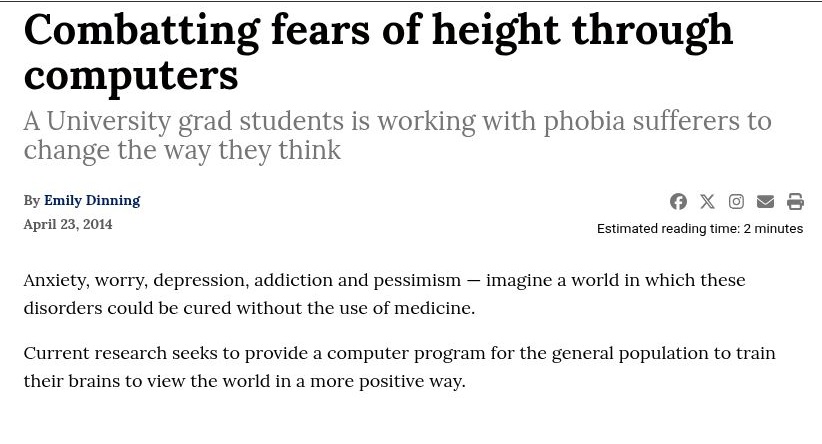 Original published Cavalier Daily page detail for Combatting Fears of Height through Computers, retaining its headline and byline.