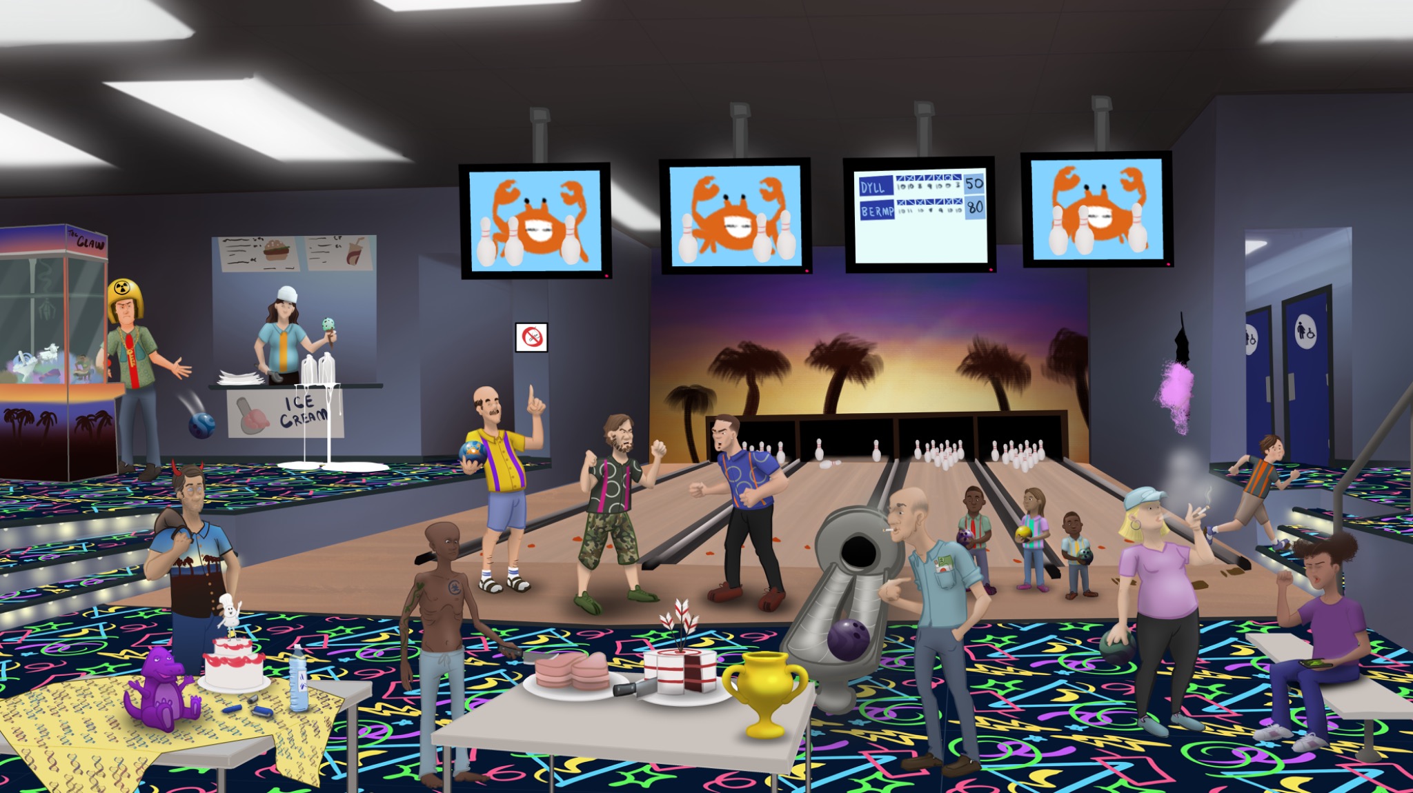 A beach-town bowling alley with teams in patterned shirts, a crab mascot, refreshments, and medical symbols.
