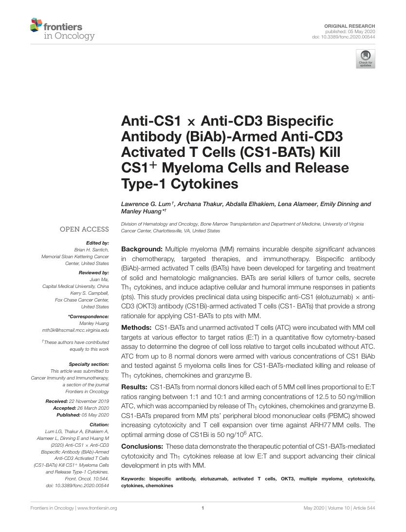 First page of the Frontiers in Oncology CS1-BATs multiple-myeloma study, with Emily Dinning in the author list.