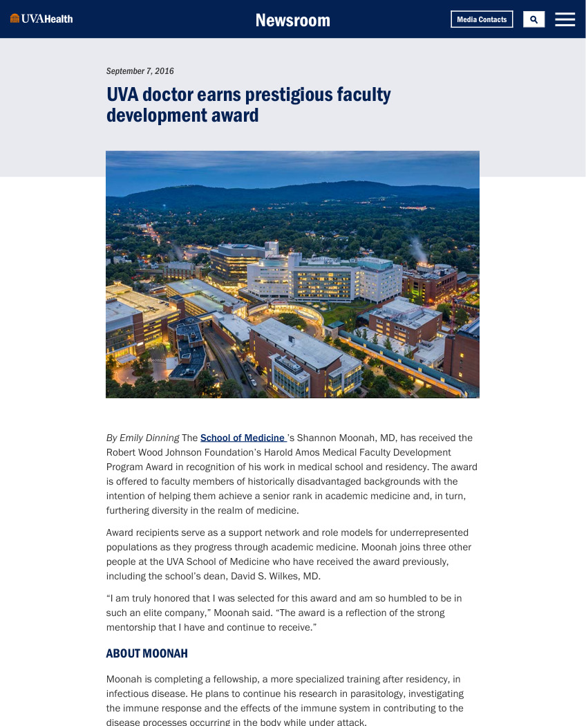 Original published UVA Health release for UVA Doctor Earns Prestigious Faculty Development Award, retaining its headline and byline.