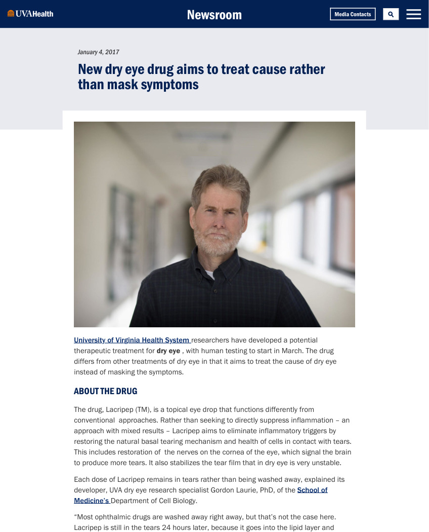 Original published UVA Health release for New Dry Eye Drug Aims to Treat Cause Rather than Mask Symptoms, retaining its headline and byline.