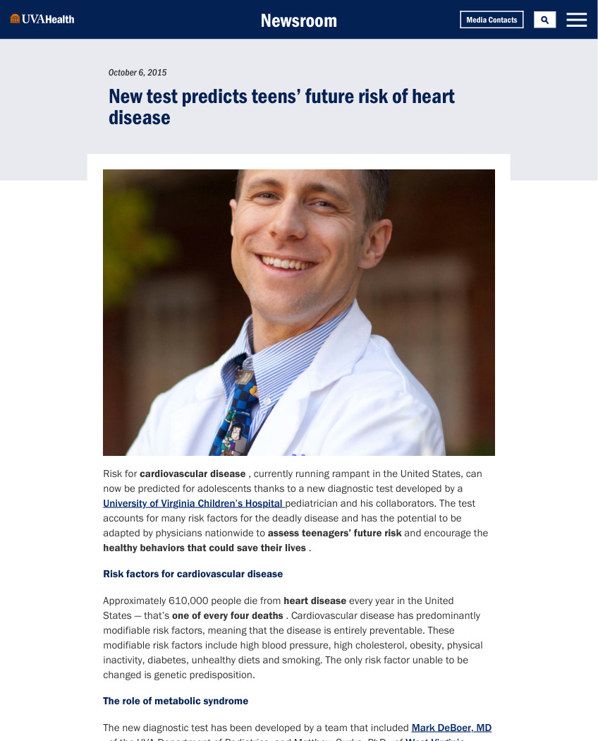 Original published UVA Health release for New Test Predicts Teens’ Future Risk of Heart Disease, retaining its headline and byline.
